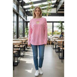 Lilly Pulitzer Womens S Pink White Striped Long Sleeve Top Gold Sequin Shell